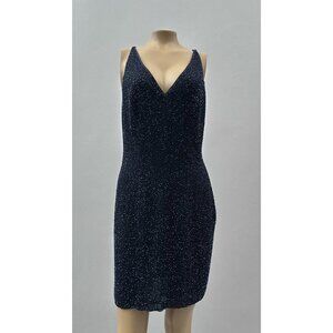 Y2K Bieff Basix Silk V-Neck Beaded Sleeveless Cocktail Dress Navy Blue Womens 12
